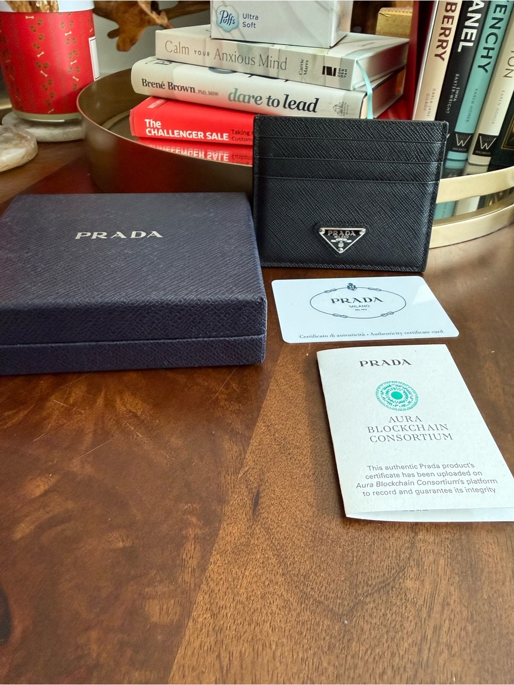 Prada Black Saffiano Leather Card Holder with Triangle Logo